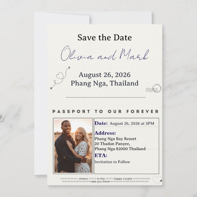 Passport Save the Date – Navy & Gold | Destination Invitation (Front)