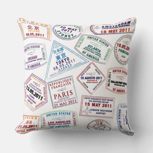 Passport Stamp Pattern Print Cushion (Front)