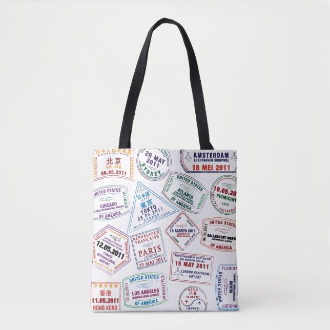Passport Stamp Pattern Print Tote Bag (Front)