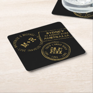 Passport Stamp Personalised Black Gold  Square Paper Coaster