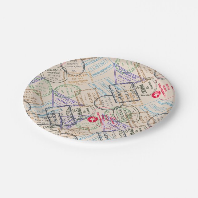 Passport Stamps Travel Paper Plate (Angled)
