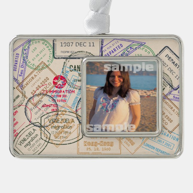 Passport Stamps Travel Silver Plated Framed Ornament (Front)