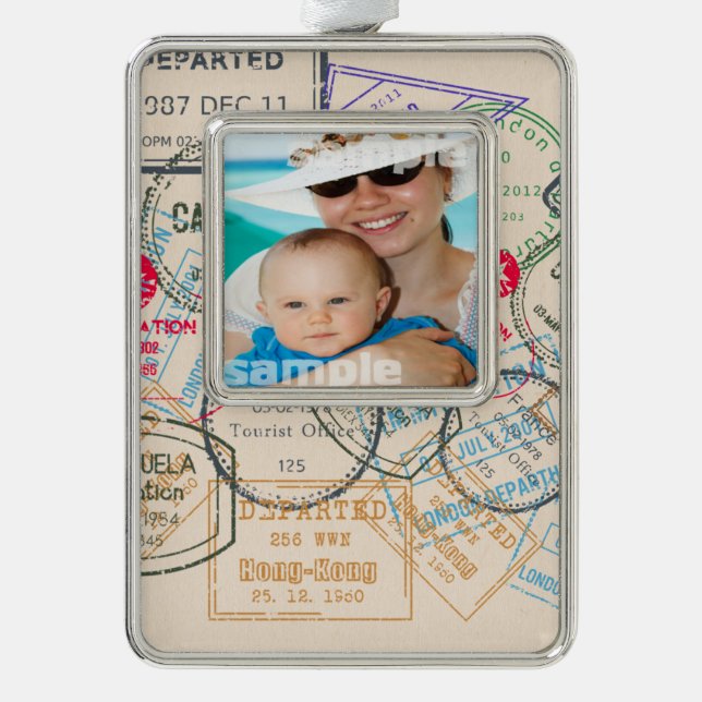 Passport Stamps Travel Silver Plated Framed Ornament (Front)