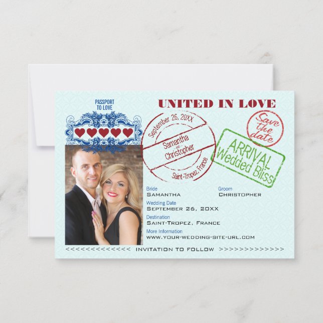 Passport to Love Creative Destination Wedding Teal Save The Date (Back)