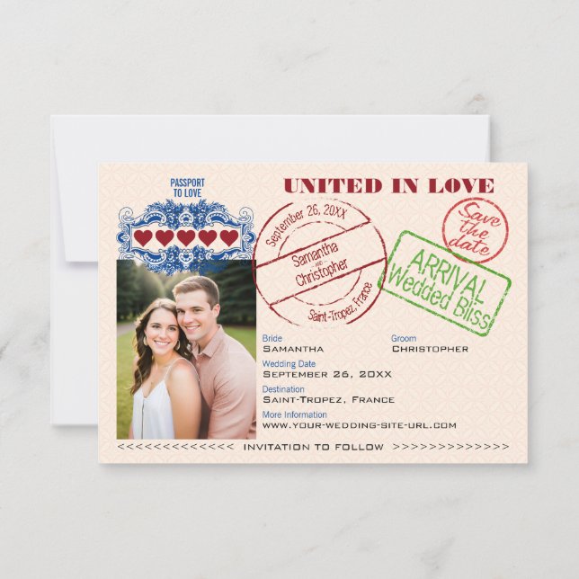 Passport to Love Destination Wedding Fun Orange Save The Date (Back)