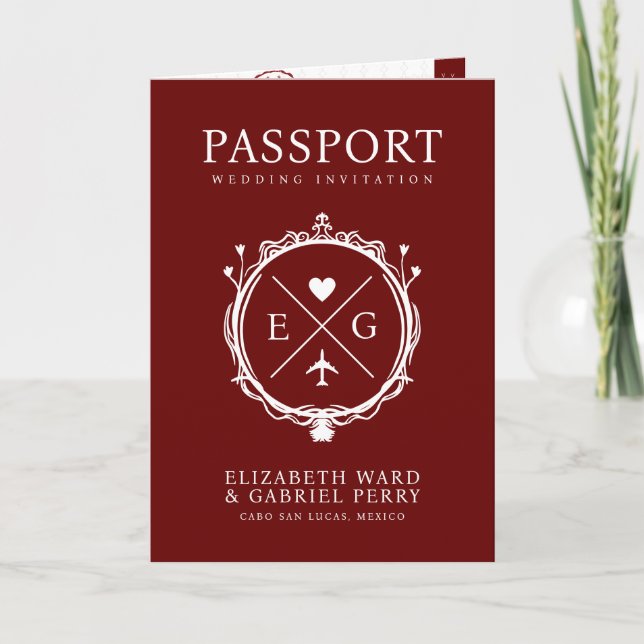 Passport Travel Destination  Burgundy Wedding Invitation (Front)