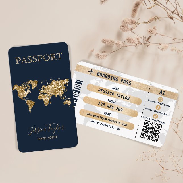 Passport Travel Makeup World Map Boarding Pass Business Card (Creator Uploaded)