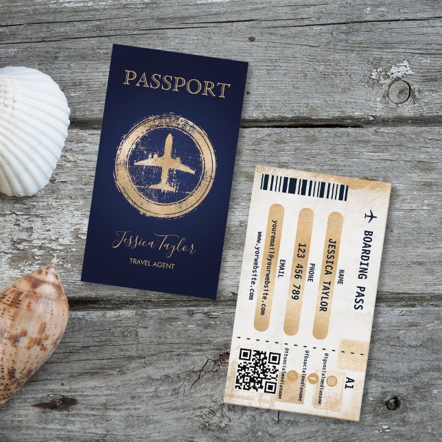 Passport Travel Makeup World Map Boarding Pass Business Card (gold plane stamp navy background passport business card)