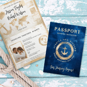 Passport Wedding Cruise Nautical Coastal Vintage Invitation