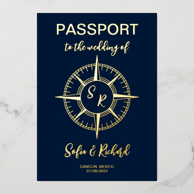Passport Wedding Destination Gold Foil Compass (Front)