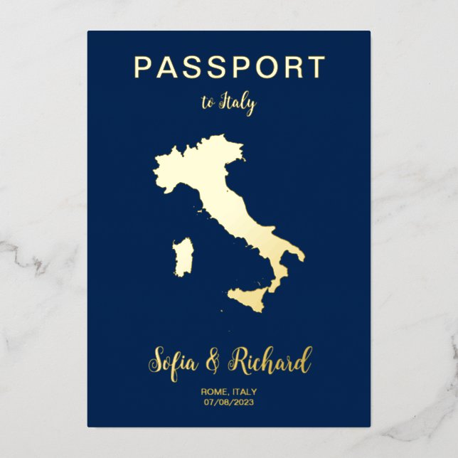 Passport Wedding Destination Gold Foil Italy Map (Front)