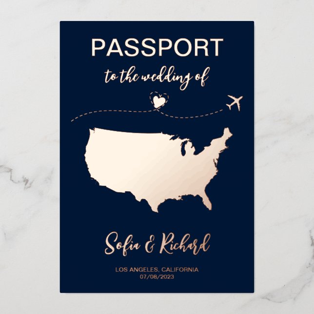 Passport Wedding Destination Gold Foil plane heart (Front)