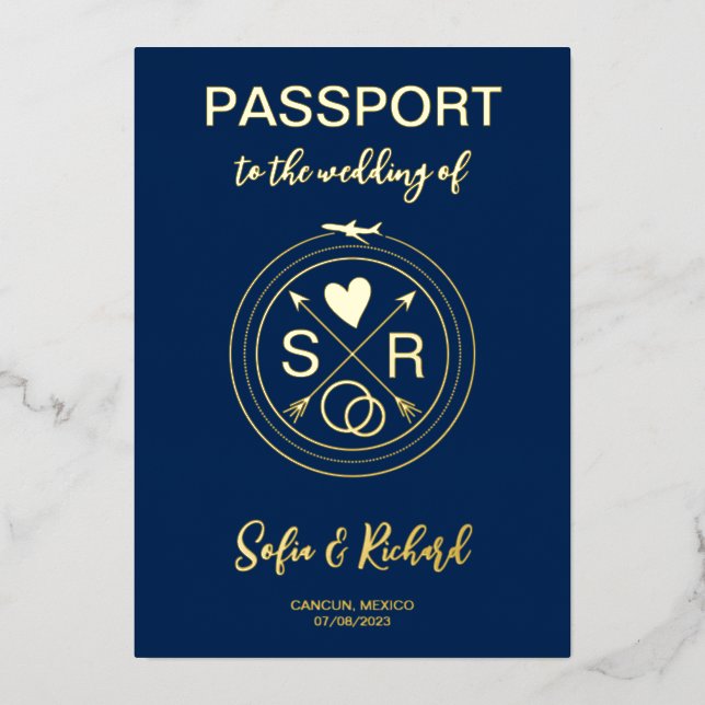 Passport Wedding Destination Gold Foil plane heart (Front)