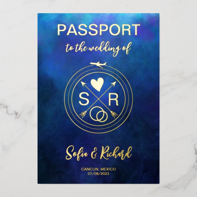 Passport Wedding Destination Gold Foil plane heart (Front)