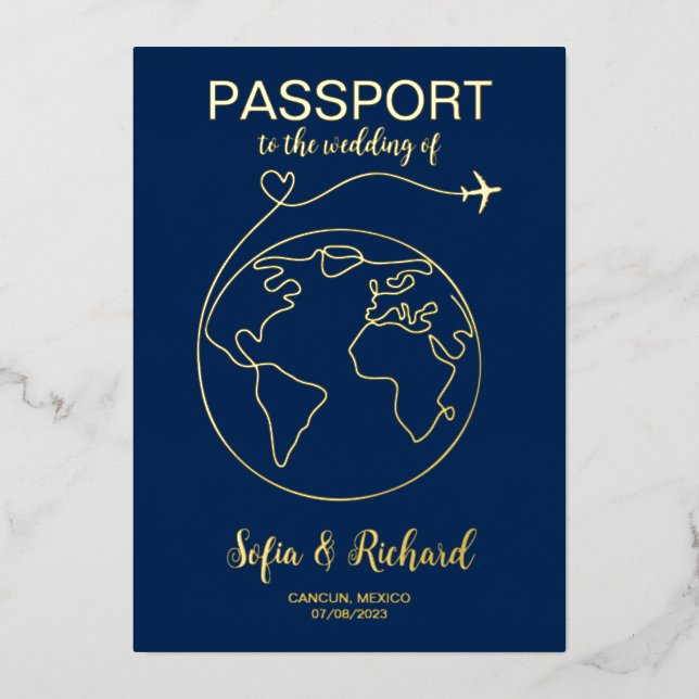 Passport Wedding Destination Gold Foil World Map F (Front)