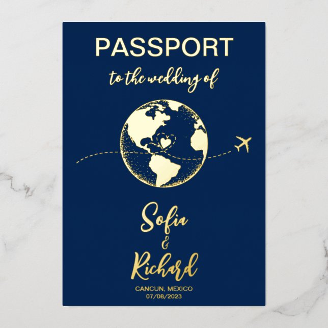 Passport Wedding Destination Gold Foil World Map F (Front)