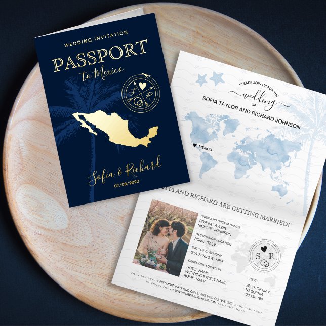 Passport  World Map Mexico Palm Beach Wedding Foil Greeting Card (gold foil mexico map passport wedding invitation)