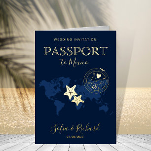 Passport World Map Sea Star Beach Wedding Foil Greeting Card