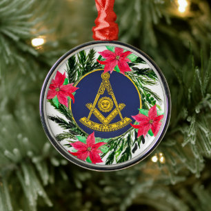 Past Master Masonic Freemason Wreath Poinsettia Metal Ornament