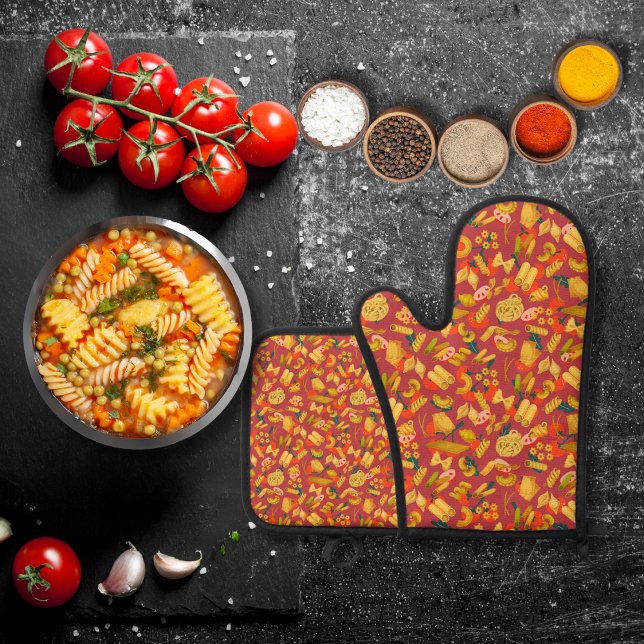 Pasta and vegetables maroon red oven mitt & pot holder set (Creator Uploaded)