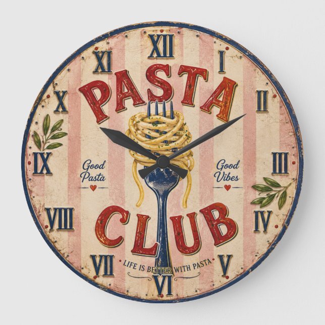 Pasta Club Vintage Kitchen Large Clock (Front)