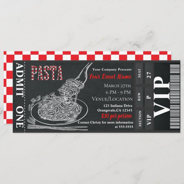 Pasta Dinner Chalk VIP Rustic Dinner Party Ticket Invitation (Front/Back)