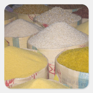 Pasta, grain and rice in sacks at the souk in square sticker