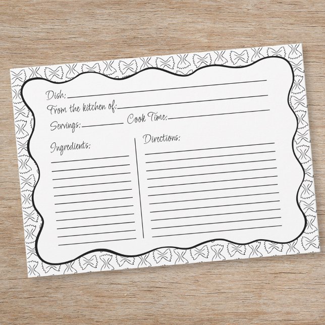 Pasta Pattern Chic Black & White Wavy Recipe Card (Creator Uploaded)
