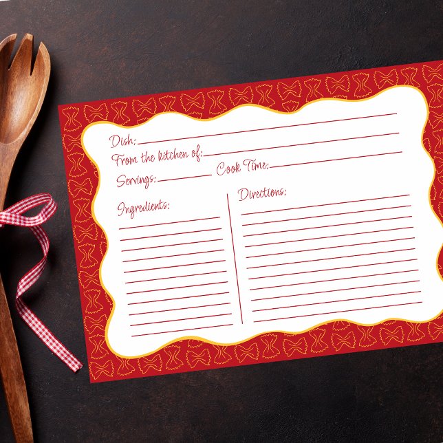Pasta Pattern Red Hand Drawn Wavy Recipe Card (Creator Uploaded)