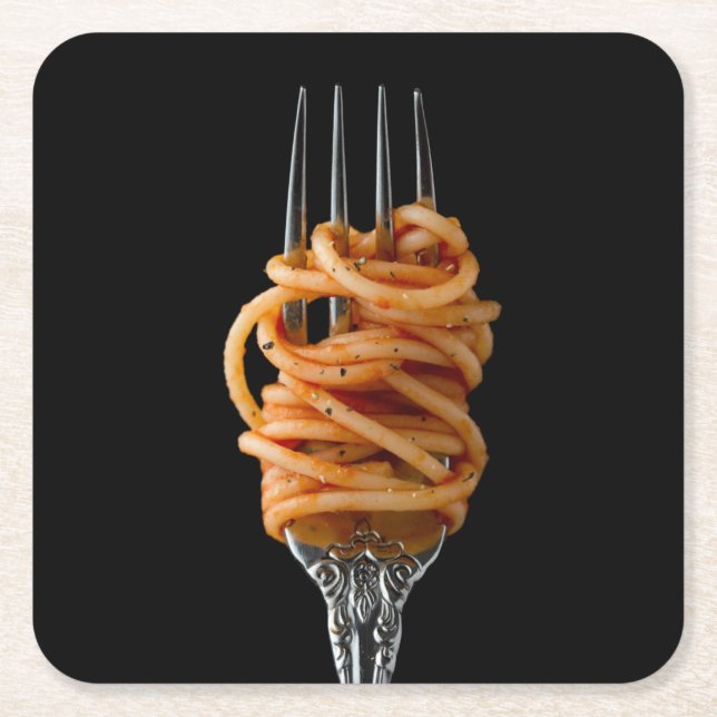 Pasta spun on a Fork, Food Spaghetti Square Paper Coaster (Front)