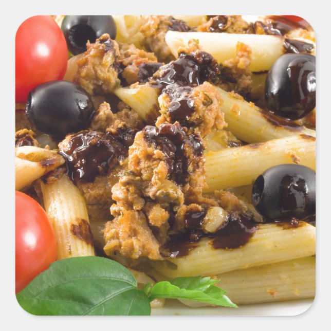 Pasta with bolognese sauce, beef meat, olives square sticker (Front)