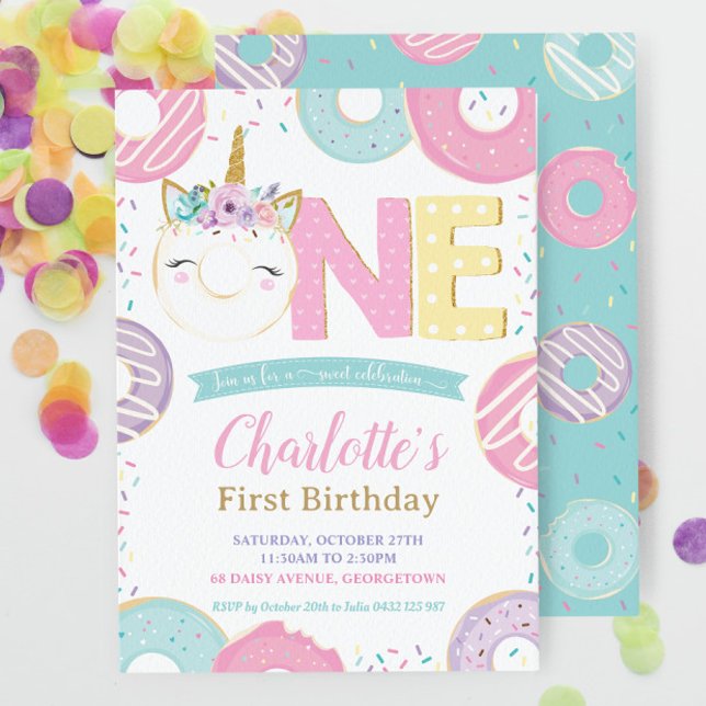 Pastel 1st Birthday Cute Unicorn Doughnuts Doughnu Invitation (Creator Uploaded)
