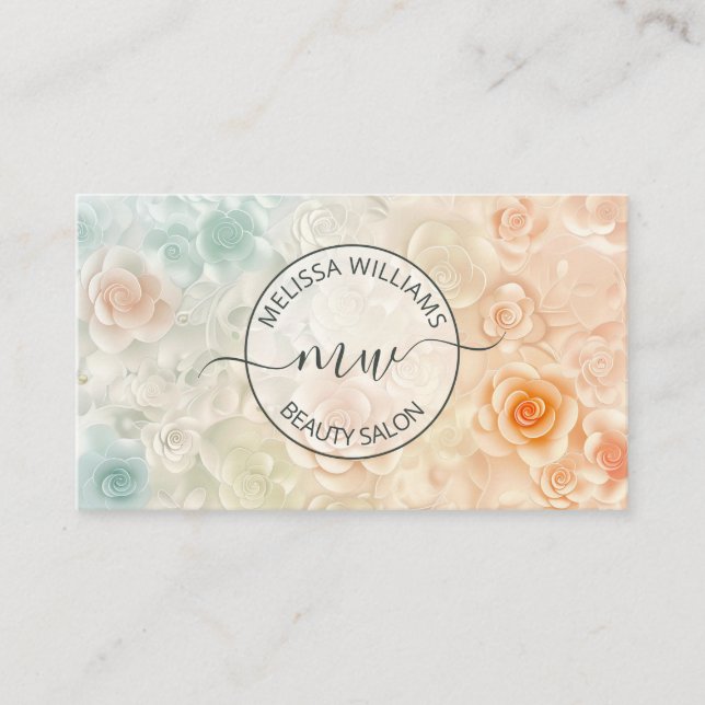 Pastel 3D Roses Logo Business Card (Front)