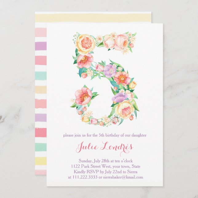 Pastel 5th Birthday Invites for Alfresco Party (Front/Back)