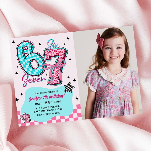 Pastel 67  Six Seven Girl Birthday Party Photo Invitation (Creator Uploaded)