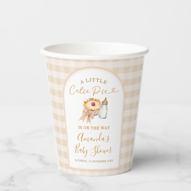 Pastel A Little Cutie Pie Gingham Fall Baby Shower Paper Cups (Front)