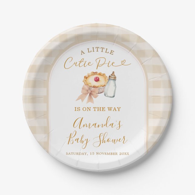 Pastel A Little Cutie Pie Gingham Fall Baby Shower Paper Plate (Front)