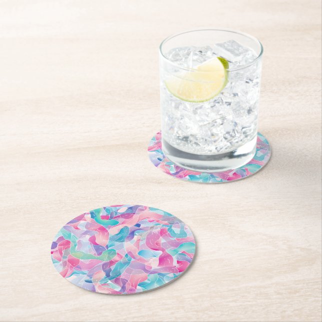 Pastel Abstract Ribbon Pattern Round Paper Coaster (Insitu)