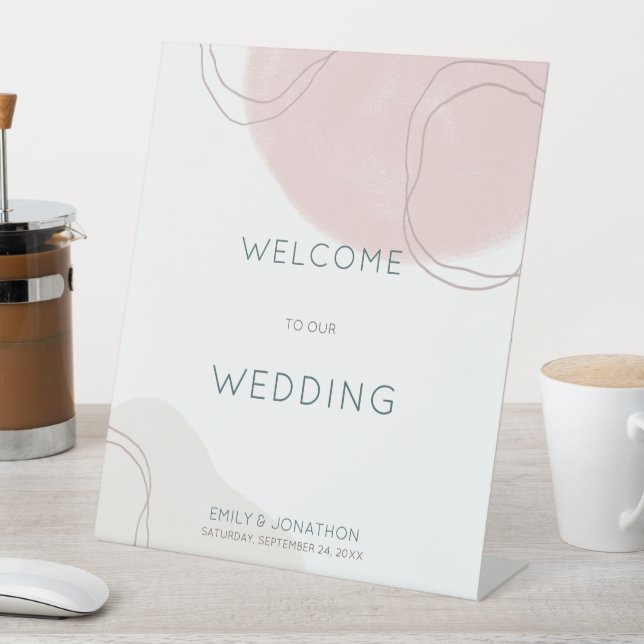 Pastel Abstract Shapes Lines Welcome to Wedding Pedestal Sign (In SItu)