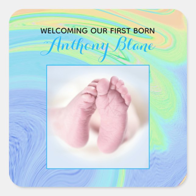 Pastel Abstract Welcome Blue New Born Custom Photo Square Sticker (Front)