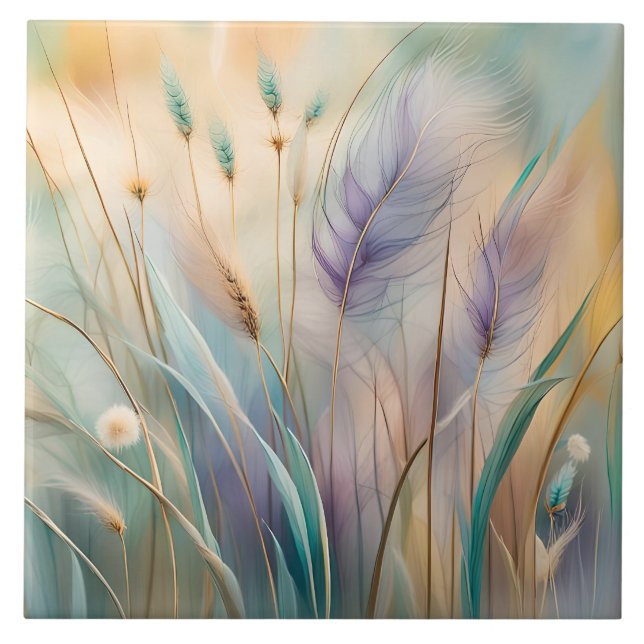 Pastel Abstract Whispers of Nature, Grasses III Ceramic Tile (Front)
