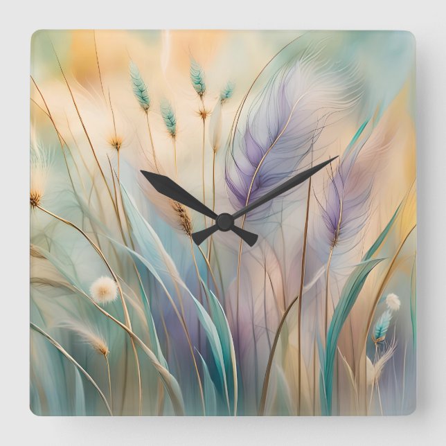 Pastel Abstract Whispers of Nature, Grasses III Square Wall Clock (Front)