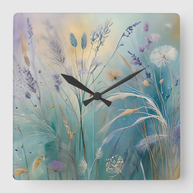 Pastel Abstract Whispers of Nature, Grasses Square Wall Clock (Front)