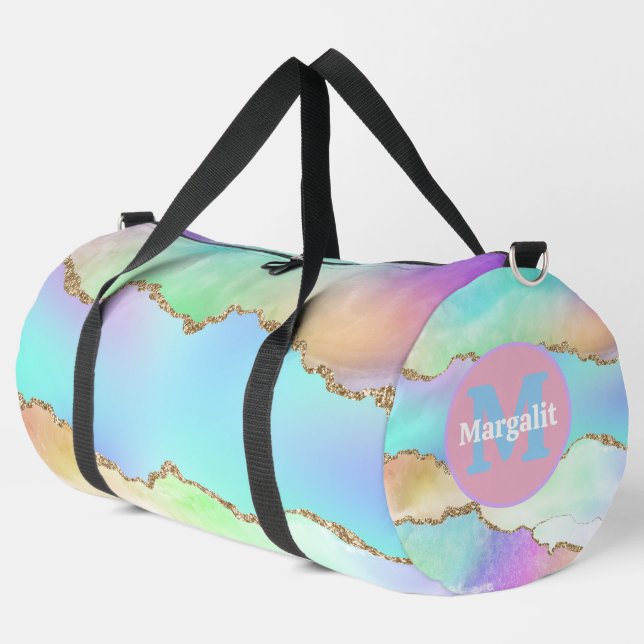 Pastel Agate Rainbow Holographic Large Duffel Bag (Left Corner)