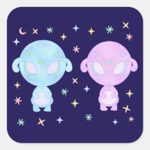 Pastel Alien Twin Sisters   Cute Cosmic Kawaii Art Square Sticker