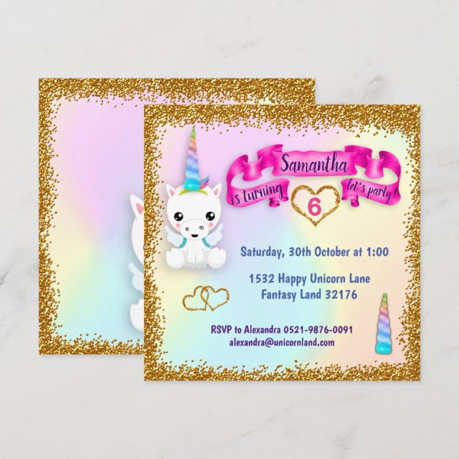 Pastel and Gold Glitter Unicorn Birthday Invitation (Front/Back)