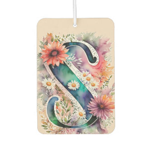 Pastel and Jewel Tone Watercolor Flowers Monogram Car Air Freshener