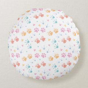 Pastel Animal Paw Tracks Pattern Round Cushion