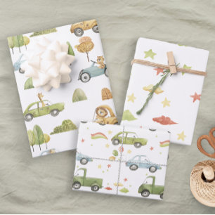 Pastel Animals in Cars Baby Boy Nuetral Wrapping Paper Sheet