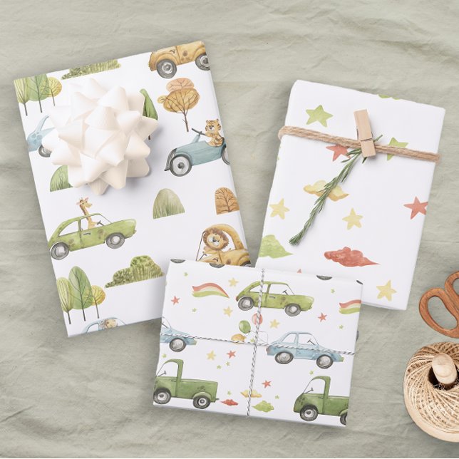 Pastel Animals in Cars Baby Boy Nuetral Wrapping Paper Sheet (Creator Uploaded)